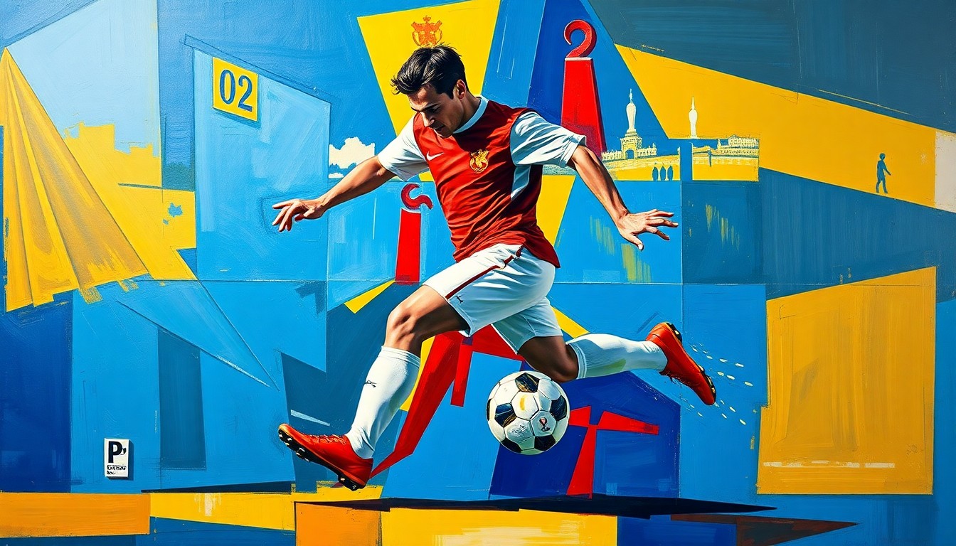 A cubist, geometric painting depicting the fluid movements and ball control of a soccer player, with sharp, overlapping planes of color representing the dynamism and creativity of the game.