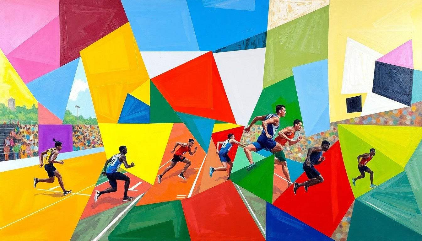 A fractured, cubist-style painting depicting a track and field competition, with sharp geometric planes of color representing the different events and athletes in motion.