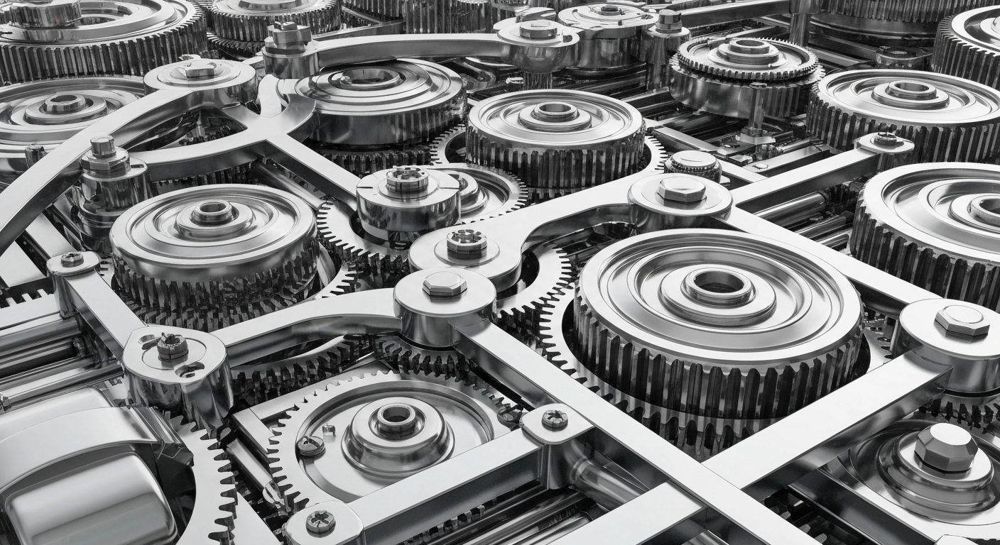 A close-up of a complex, interlocking mechanism of gears, levers, and polished metal components, representing the intricate financial infrastructure that powers generational wealth management.