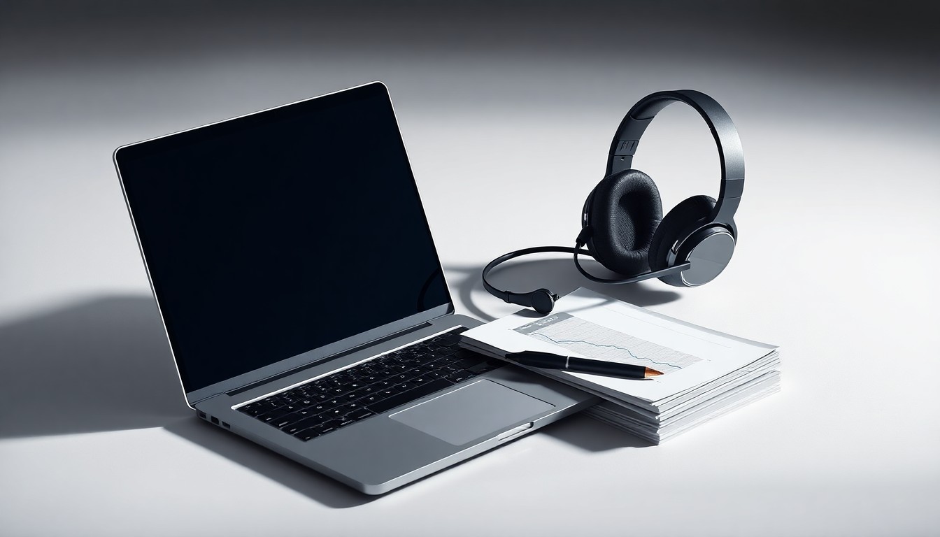 A photorealistic studio still life featuring a sleek laptop, professional headset, and business documents, symbolizing the data-driven insights and strategic decision-making capabilities of the Marchex Engage platform.
