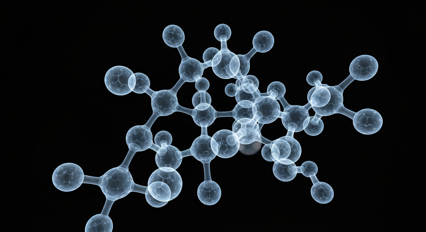 A ghostly, translucent X-ray image of a molecular structure, glowing against a dark background, conceptually representing the complex biological processes involved in cancer research and drug development.