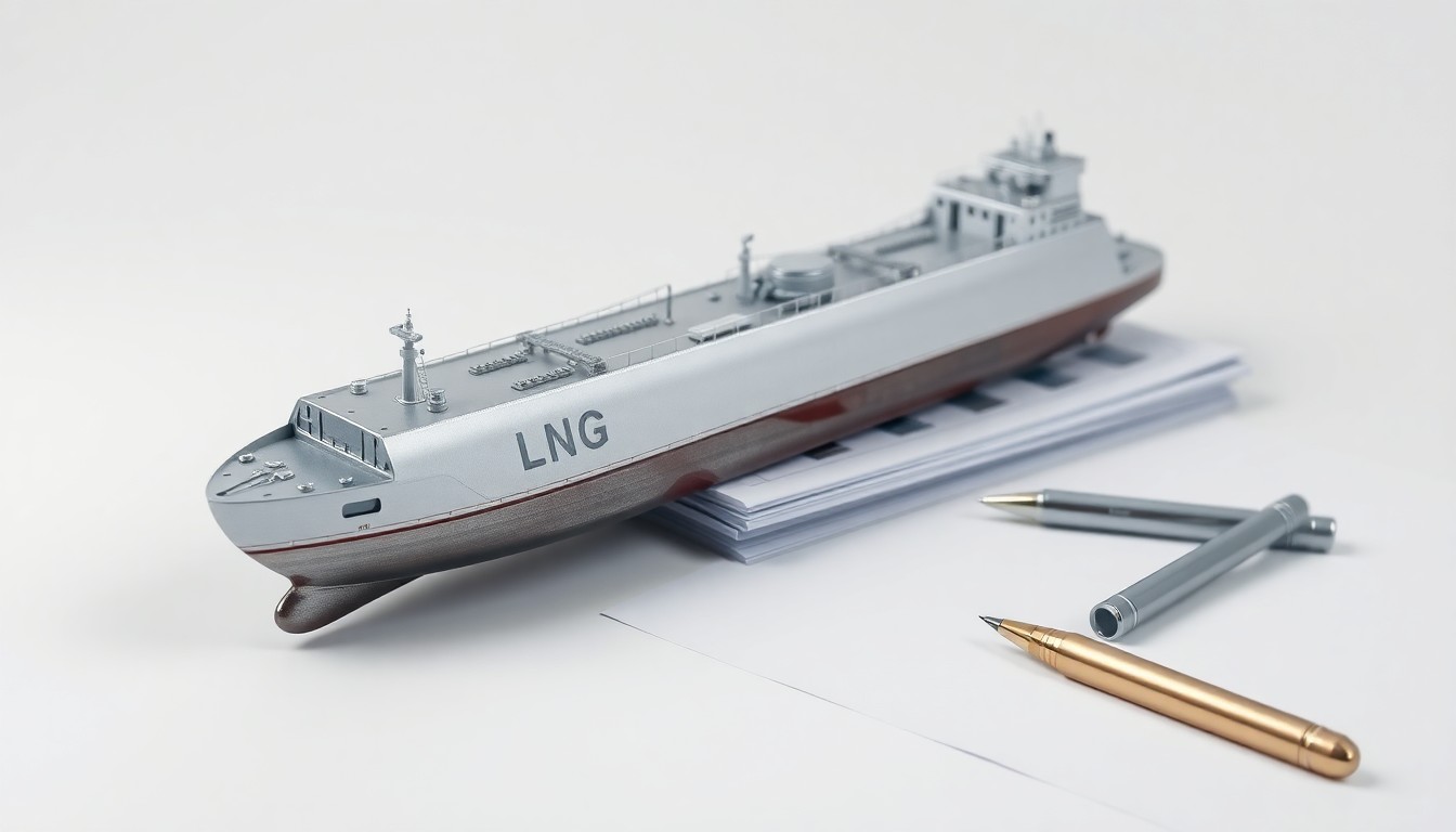 A photorealistic studio still life featuring a metal LNG tanker model, financial reports, and a pen on a clean white background, conceptually representing Cheniere Energy's quarterly earnings release and conference call.