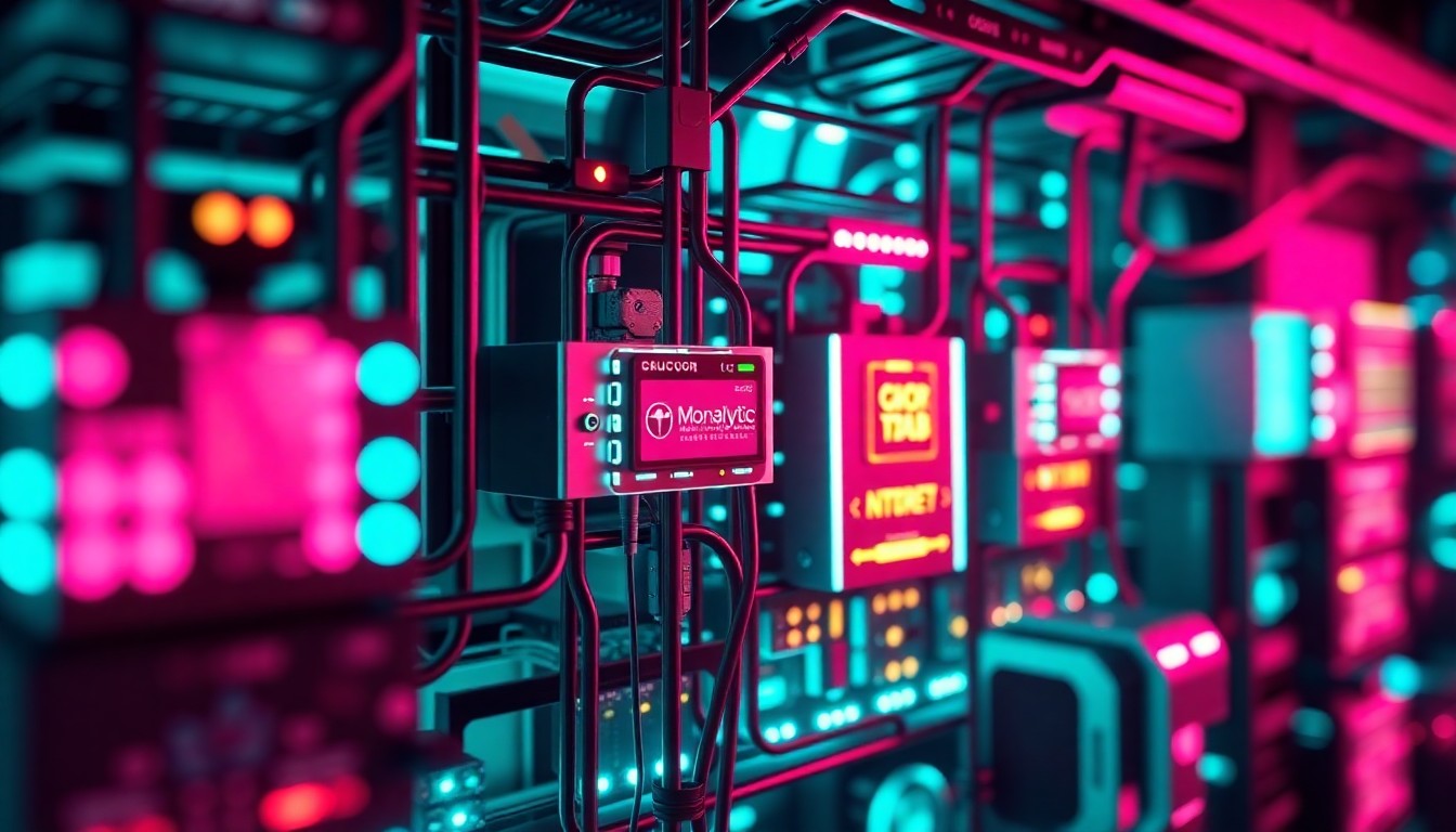 A highly detailed, glowing 3D illustration of complex cybersecurity hardware components, such as servers, cables, and circuit boards, illuminated by neon cyan and magenta lights, conveying the advanced, secure nature of Monalytic's cybersecurity services.