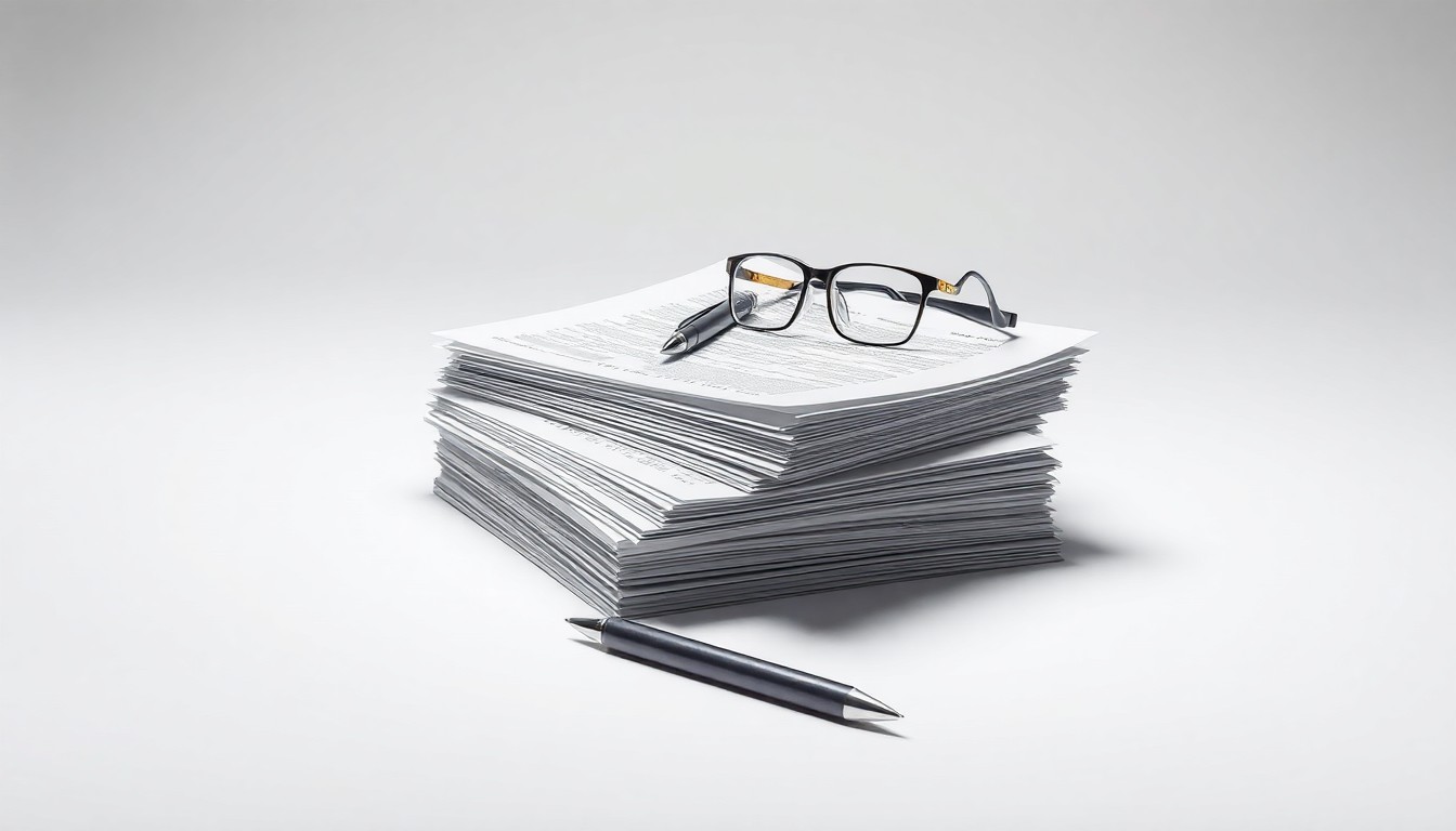 A high-end, photorealistic studio still-life photograph featuring a stack of financial documents, a pen, and a pair of eyeglasses arranged elegantly on a clean, monochromatic seamless background, conceptually representing the abstract concepts of corporate strategy and investment management.