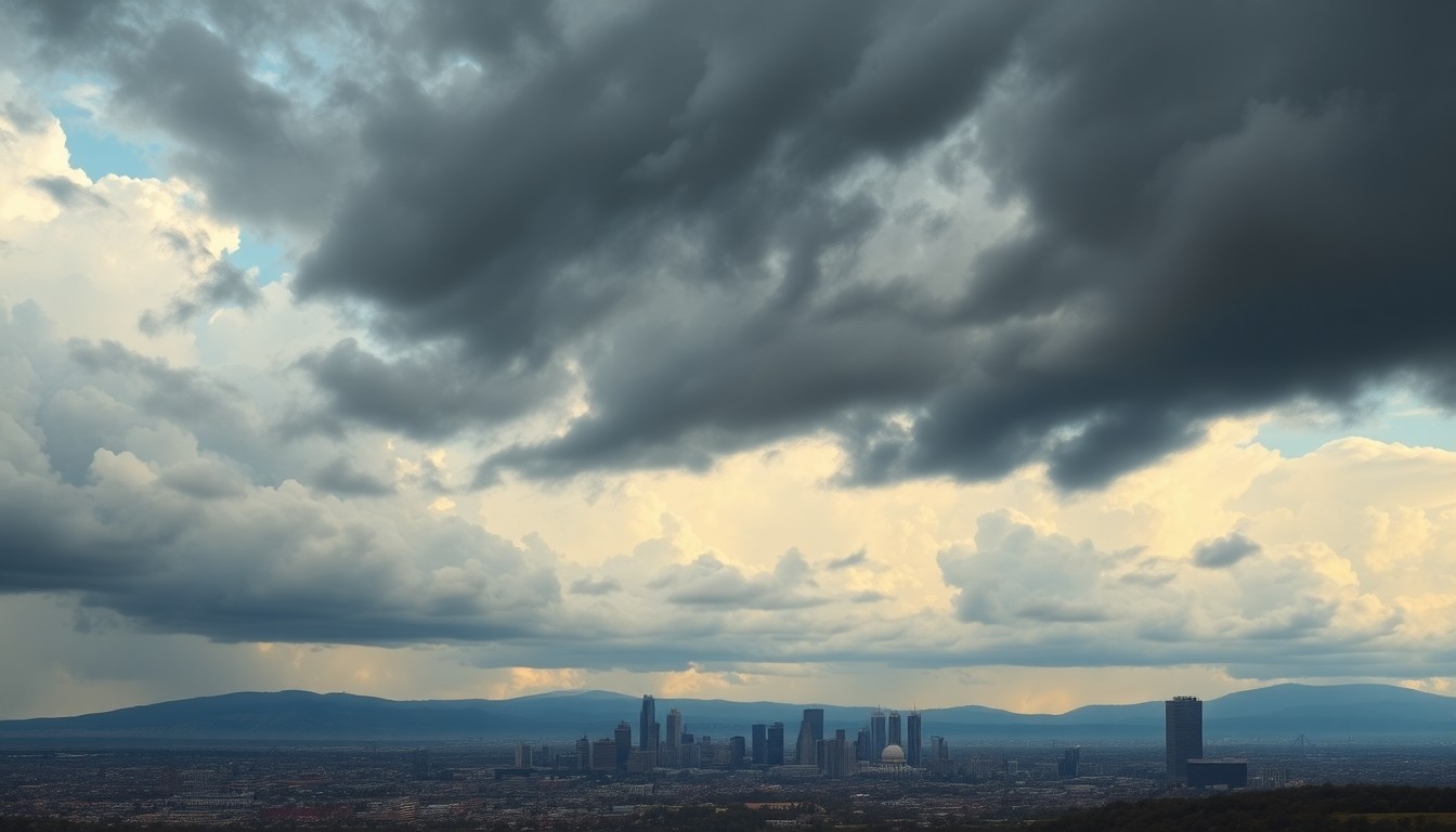 A vast, atmospheric landscape painting depicting a dramatic, cloudy sky over the Denver skyline, with the city's buildings and landmarks appearing small and insignificant against the overwhelming scale of the natural environment.