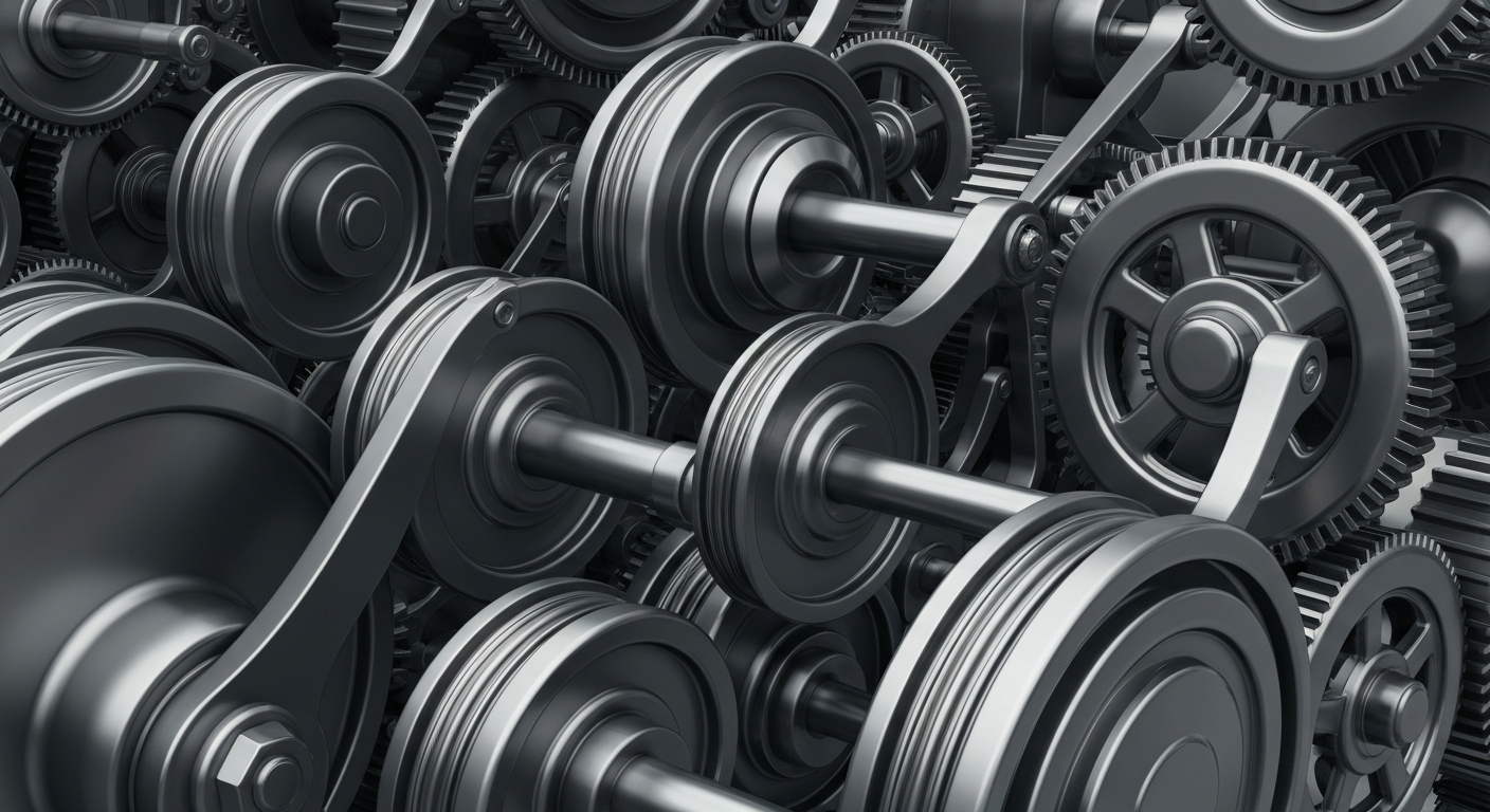 A close-up of heavy, polished banking machinery and mechanisms in shades of steel gray and gunmetal, conveying a sense of industrial power and financial security.