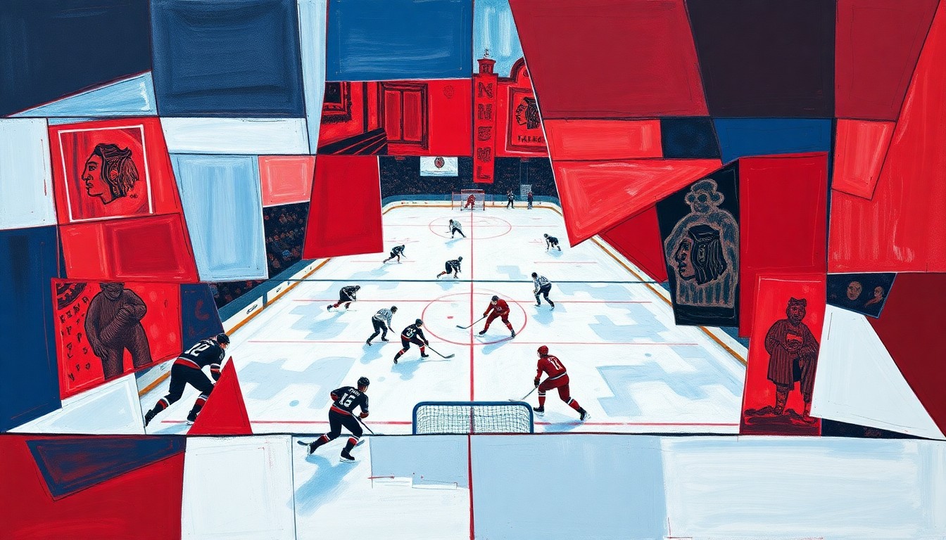 A cubist-style painting depicting a hockey game broken down into sharp, overlapping geometric shapes in navy, red, and white, conveying the strategic analysis behind the expert NHL picks.