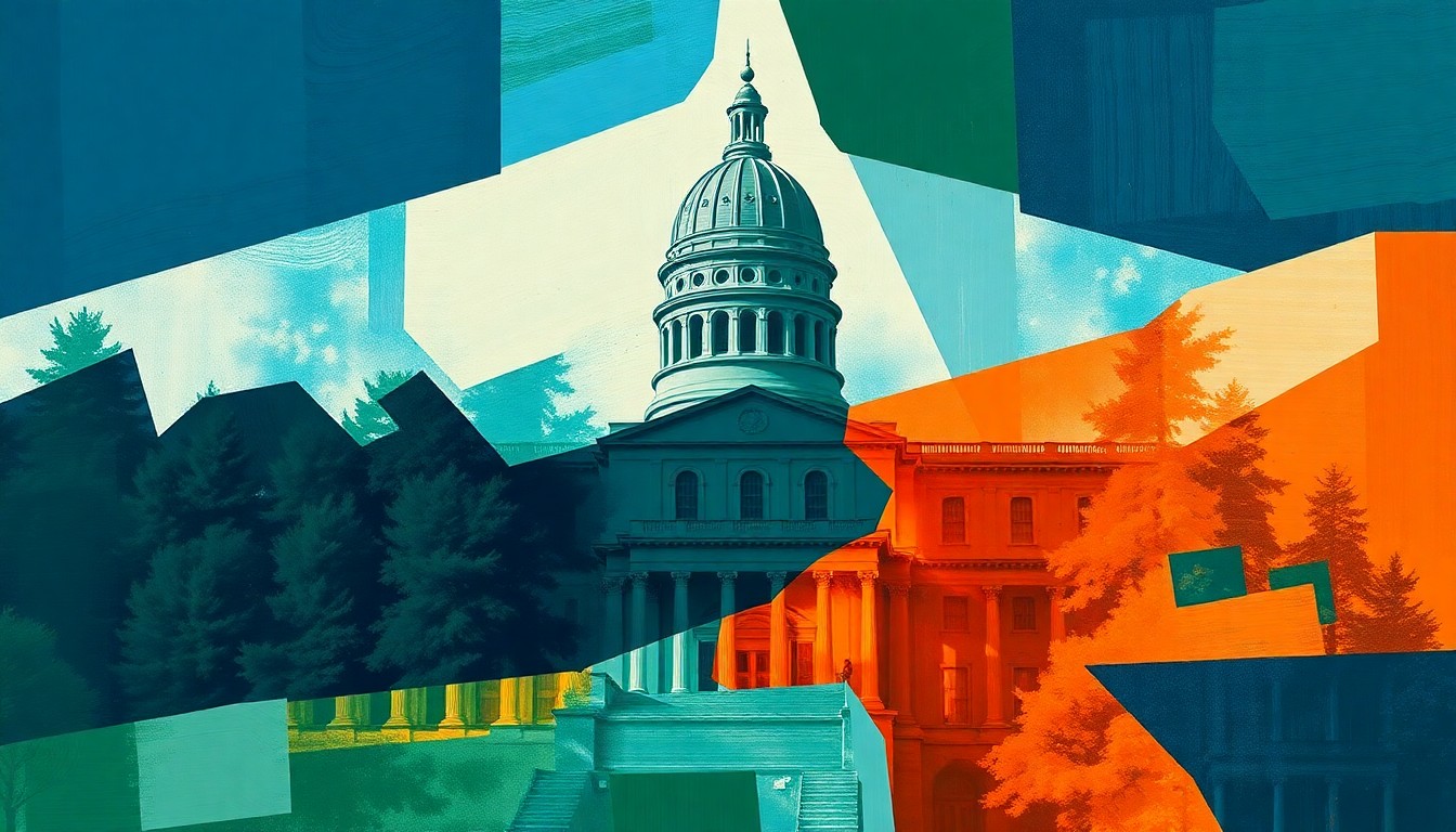 A dynamic, abstract painting featuring the North Carolina state capitol building repeated in overlapping, fragmented geometric shapes in shades of blue, green, and orange, capturing the chaotic energy and unfinished business of the legislative session.