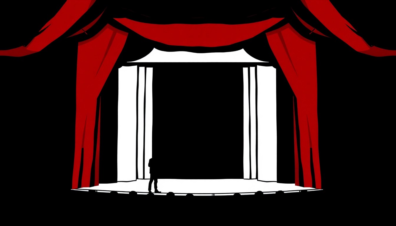 An abstract, minimalist illustration featuring bold black silhouettes and high-contrast solid colors, representing the concept of a theater stage and performance.