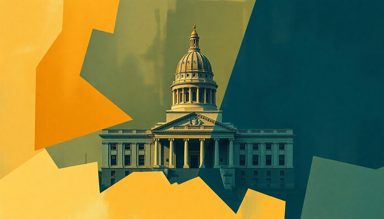 A dynamic, abstract painting featuring overlapping, fractured geometric shapes in warm earth tones and deep blues, representing the complex financial and political issues surrounding school bond debt in Texas.