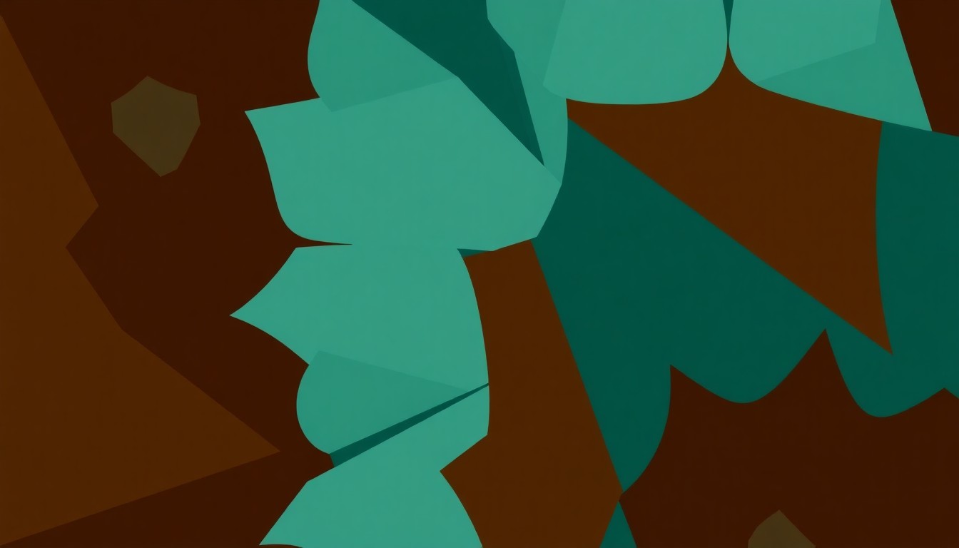 An abstract, minimalist illustration featuring bold, overlapping geometric shapes in earthy tones of blue, green, and brown, conveying the lush, floral imagery of a classical music performance.