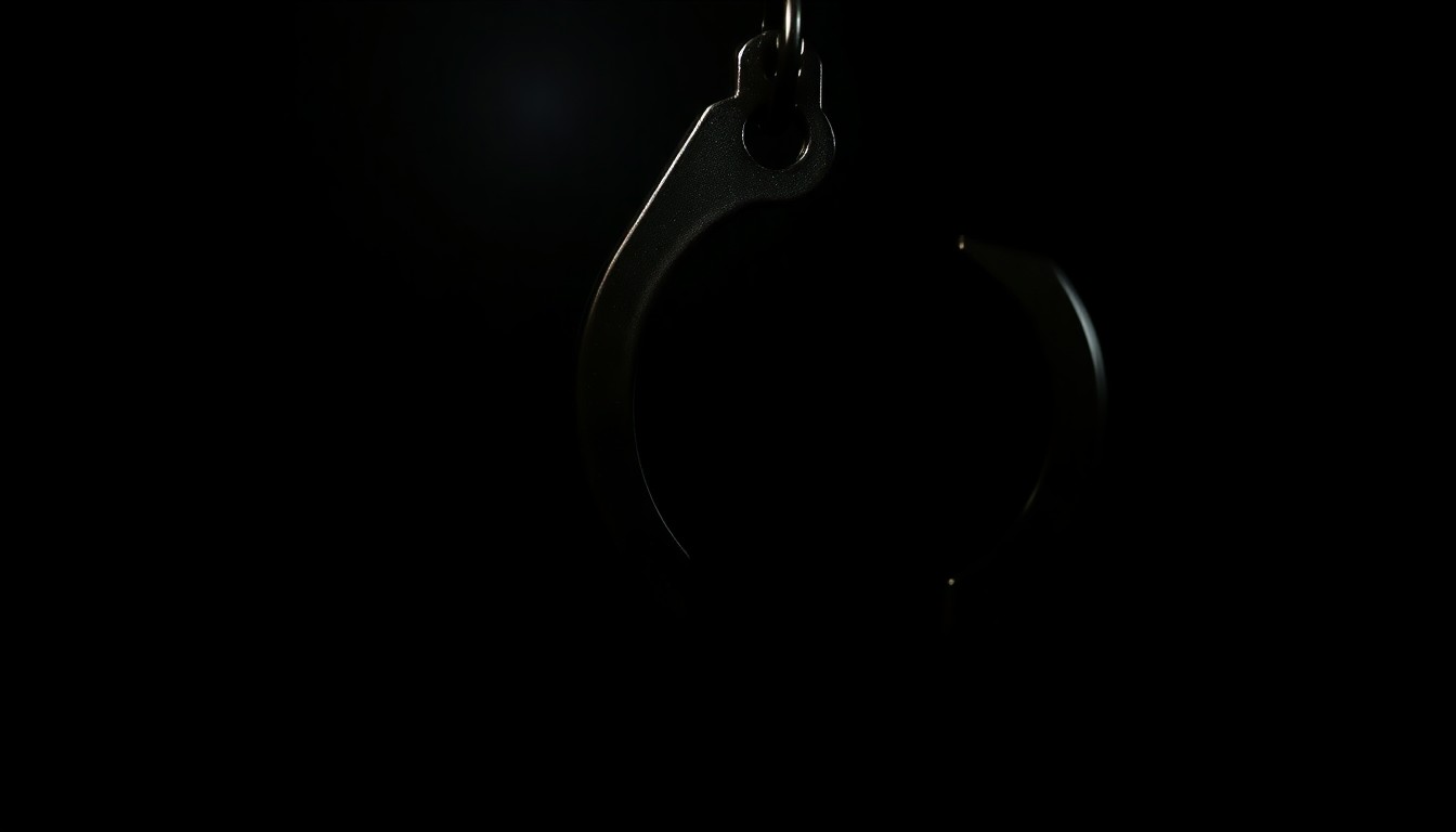 An extreme close-up photograph of a metal handcuff key, capturing the dramatic lighting and stark contrast to convey a sense of the gravity and investigation surrounding a criminal case.