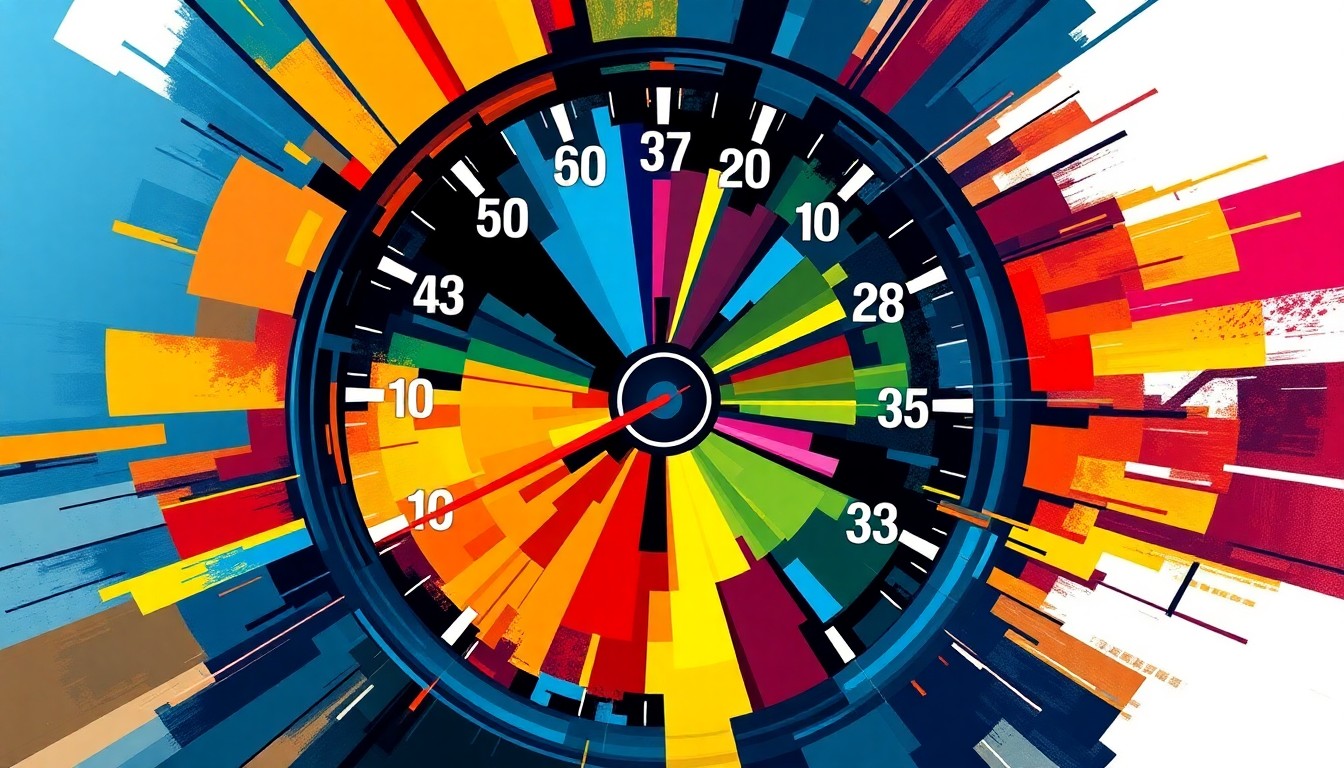 A vibrant, fractured painting of a car speedometer needle rapidly moving through a range of bright colors, conceptually representing speed control technology that limits reckless driving.