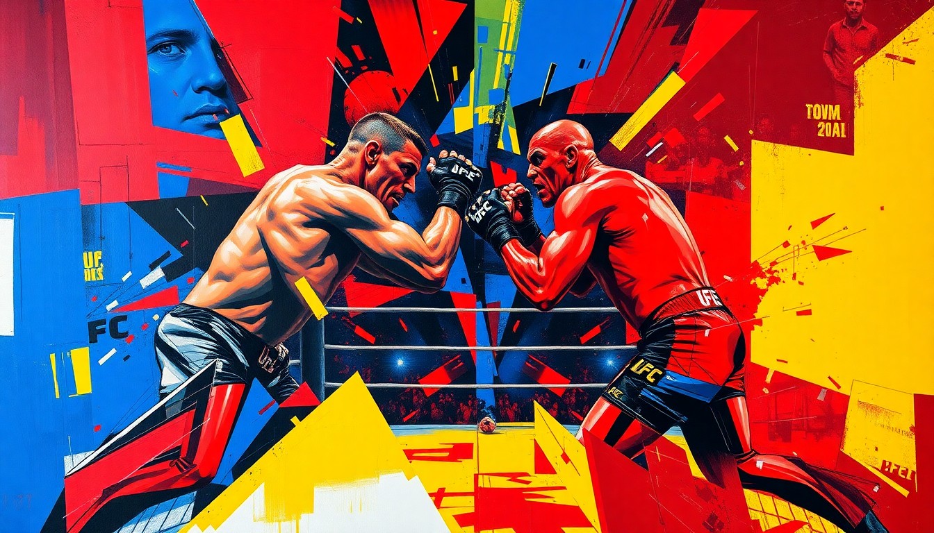 A cubist, multi-angled painting depicting the chaotic energy of a UFC title fight, with sharp planes of color and form representing the complex challenges a fighter faces both in and out of the Octagon.