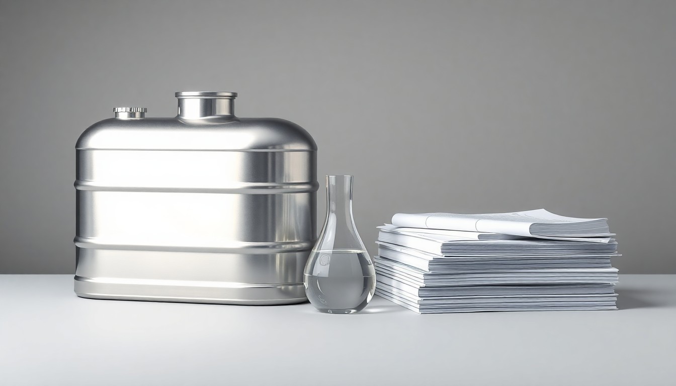 A minimalist, high-contrast studio photograph featuring a polished metal fuel tank, a glass beaker, and technical manuals, symbolizing the advanced engineering behind sustainable aviation fuel production.