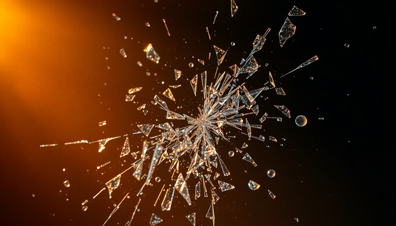 An extreme close-up of shattered, glittering glass fragments reflecting dramatic studio lighting, conveying the high-stakes, glamorous, and gritty tone of Euphoria's new season.