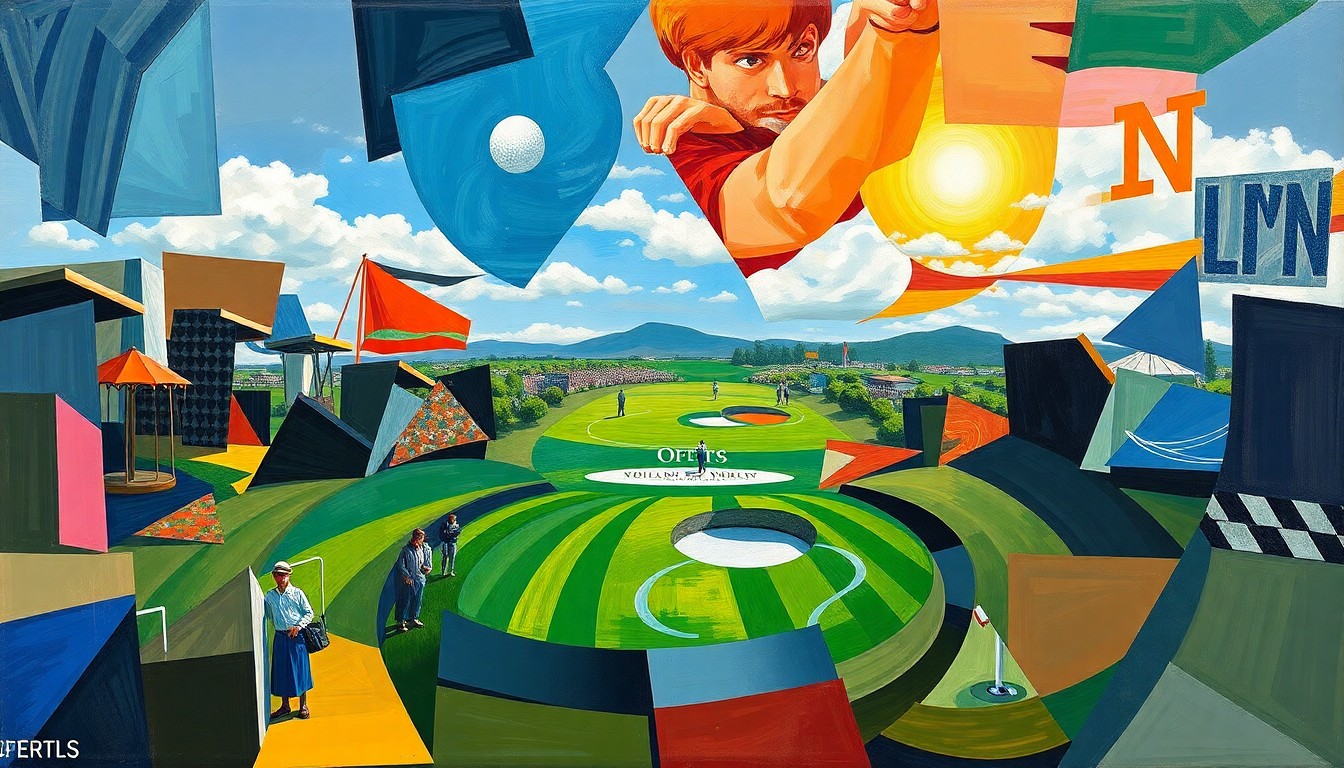 A cubist, geometric painting depicting various elements of a golf tournament, including players, spectators, and the course itself, all rendered in a fractured, multi-perspective style.