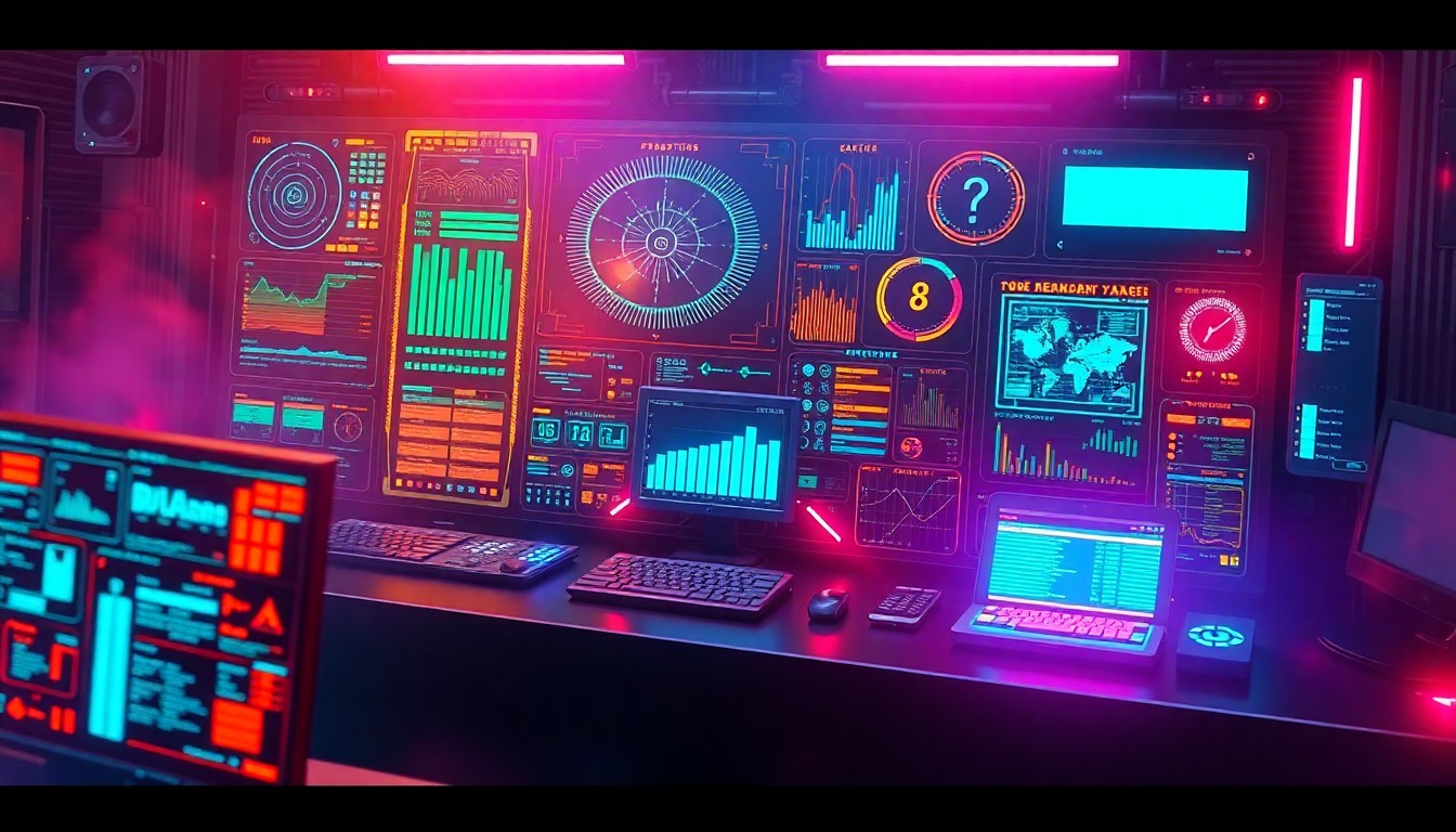 A highly detailed, glowing 3D illustration of a futuristic digital workplace control panel, with various holographic displays, pulsing data streams, and luminous cybernetic hardware elements, conceptually representing the predictive intelligence and automation capabilities of Kyndryl's new workplace technology solution.