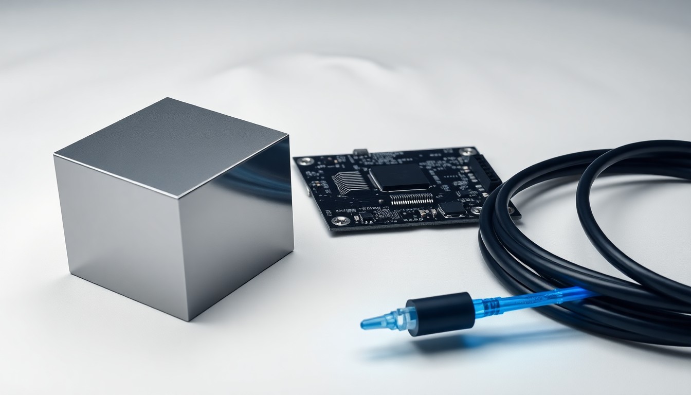 A minimalist studio still life photograph featuring a polished metal cube, a sleek black circuit board, and a glowing fiber-optic cable, symbolizing the convergence of advanced technology, cybersecurity, and national defense.