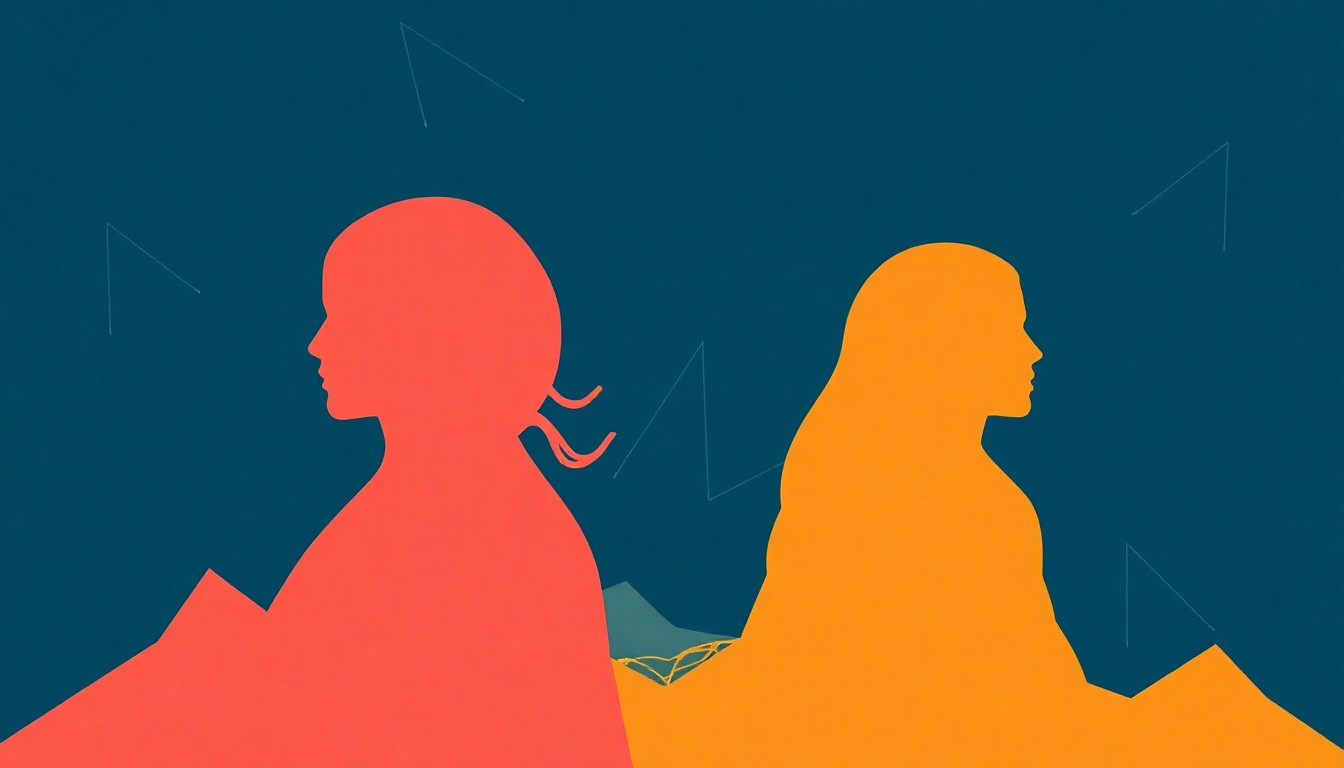 An abstract, minimalist illustration featuring sharp, angular shapes in deep blue, rose, and gold hues, conveying the powerful presence of female country artists.