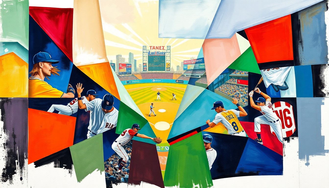 A cubist-style painting featuring sharp, overlapping geometric shapes in the Giants' colors, capturing the chaotic energy of a baseball game in a deconstructed, multi-perspective style.