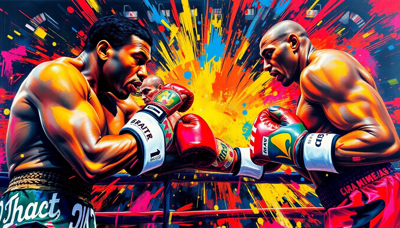 A vibrant, expressionist painting in neon colors depicts the chaotic movements and energy of boxers in the ring, with faces and details dissolving into unrecognizable splatters of paint.