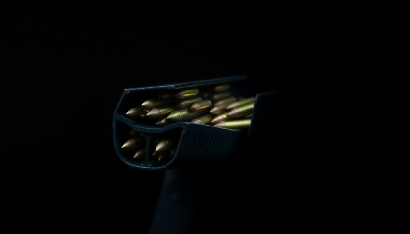 An extreme close-up photograph of a handgun magazine filled with ammunition, lit by a harsh, direct camera flash against a pitch-black background, conceptually illustrating the dangerous weapons and drugs seized during the investigation.