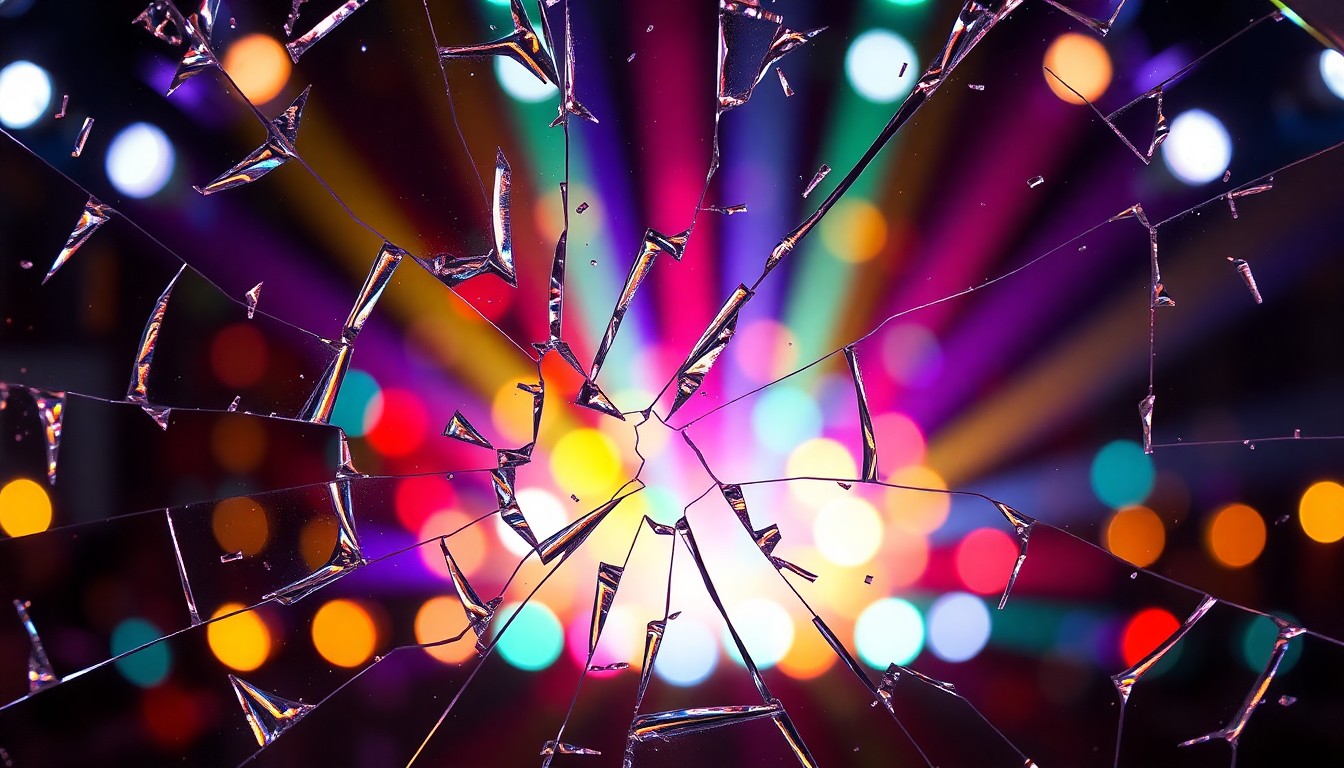 An abstract close-up photograph of shattered glass reflecting a kaleidoscope of colorful lights, conveying the high-stakes drama and emotional intensity of reality TV competition.