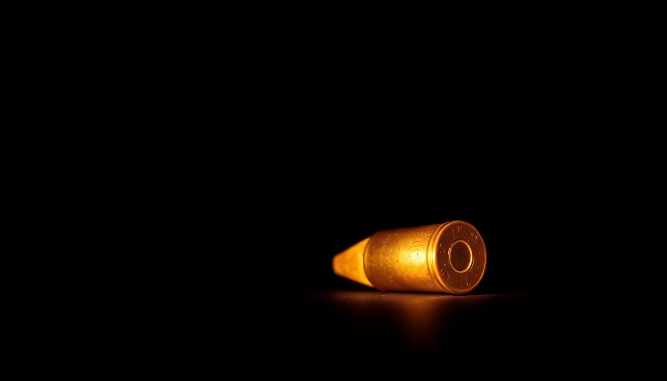 An extreme close-up photograph of a small, metallic bullet casing against a pitch-black background, lit by a harsh, direct camera flash to create a stark, gritty, investigative aesthetic.