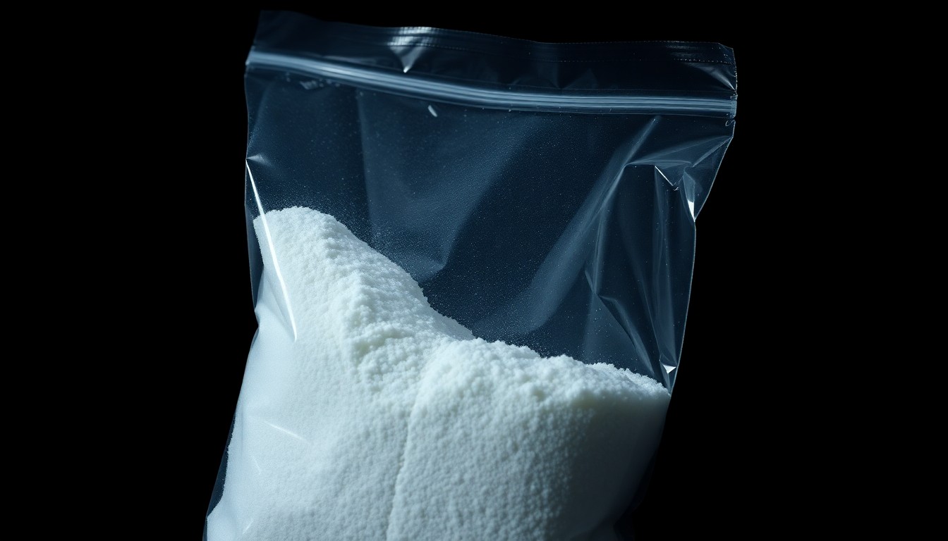 An extreme close-up photograph of a large plastic bag filled with a crystalline white powder, creating a stark, gritty, investigative aesthetic through the use of harsh, direct flash lighting against a pitch-black background.