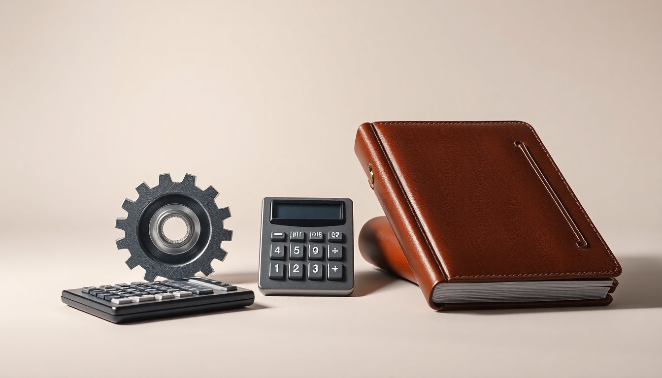 A photorealistic studio still life featuring a polished metal gear, a sleek calculator, and a leather-bound ledger book, conceptually representing Caterpillar's corporate finance and strategy.