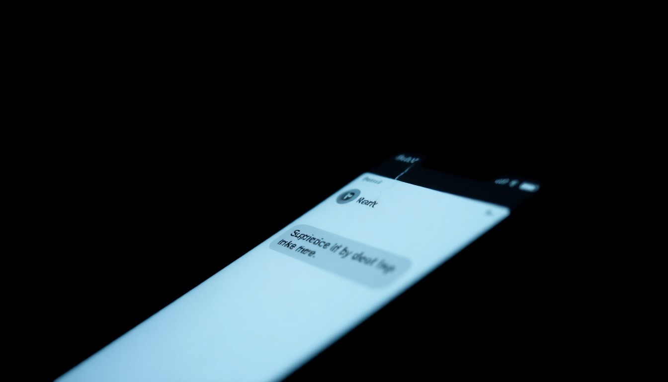 An extreme close-up of a cracked smartphone screen displaying a suspicious text message, captured with dramatic lighting and a stark, investigative aesthetic.