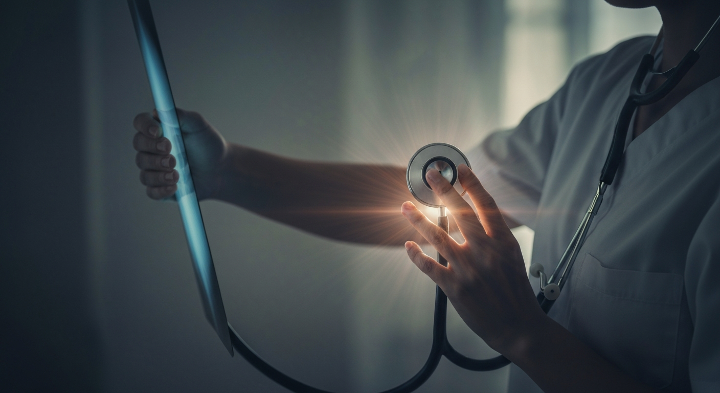 A translucent, ghostly X-ray image showing the internal structure of a nurse's hands holding a stethoscope, conceptually representing the clinical skills and compassionate care of healthcare workers.