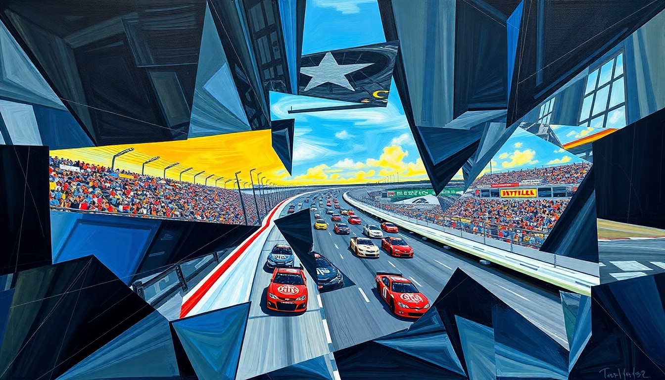 A cubist, geometric painting depicting a NASCAR race at Bristol Motor Speedway, with the cars and track broken down into sharp, overlapping planes of color and shape, conveying the technical challenges facing the RCR team.