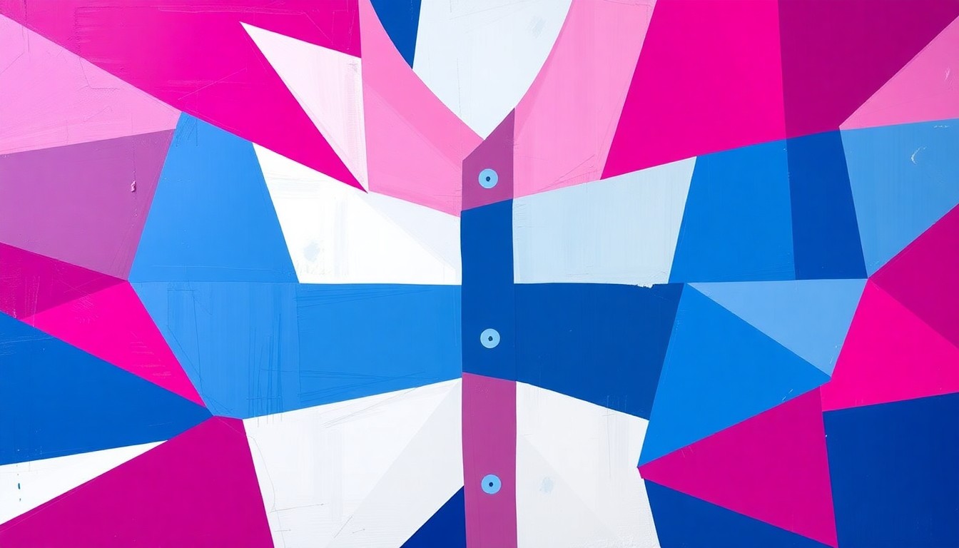 A cubist, fragmented painting depicting the Royals' new City Connect uniform design, with overlapping geometric shapes in shades of fuchsia, blue, and white, capturing the energy and connection to the city's identity.