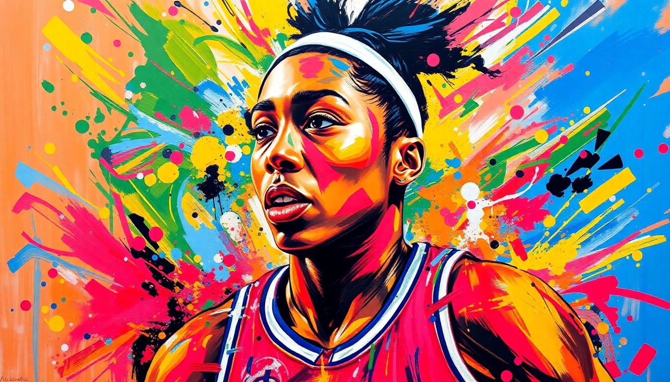 An extreme close-up of a basketball player's hands dribbling a ball, with the player's face and jersey dissolving into a vibrant, expressionist painting of neon colors and rapid brushstrokes, capturing the raw energy and movement of the sport.
