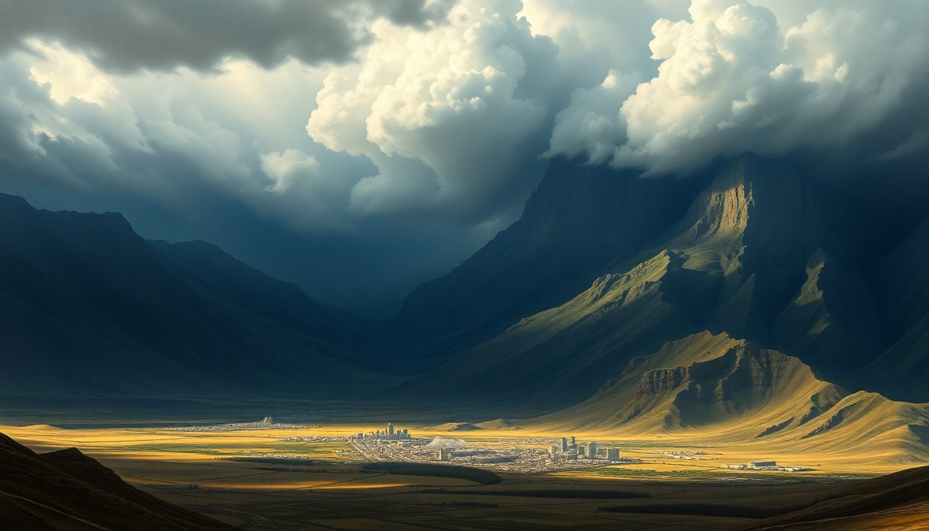 A vast, majestic landscape painting depicting a dramatic, windswept storm system moving over the Salt Lake City valley, with deep atmospheric perspective and dramatic backlighting that emphasizes the overwhelming scale of the natural forces at play.