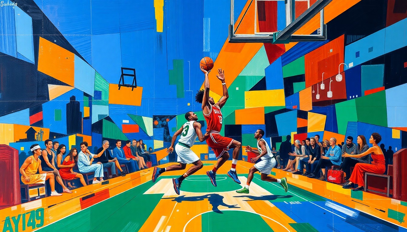 A cubist-style painting depicting the dynamic basketball action between the Knicks and Celtics, with sharp, overlapping geometric shapes in vibrant colors representing the players and the court.