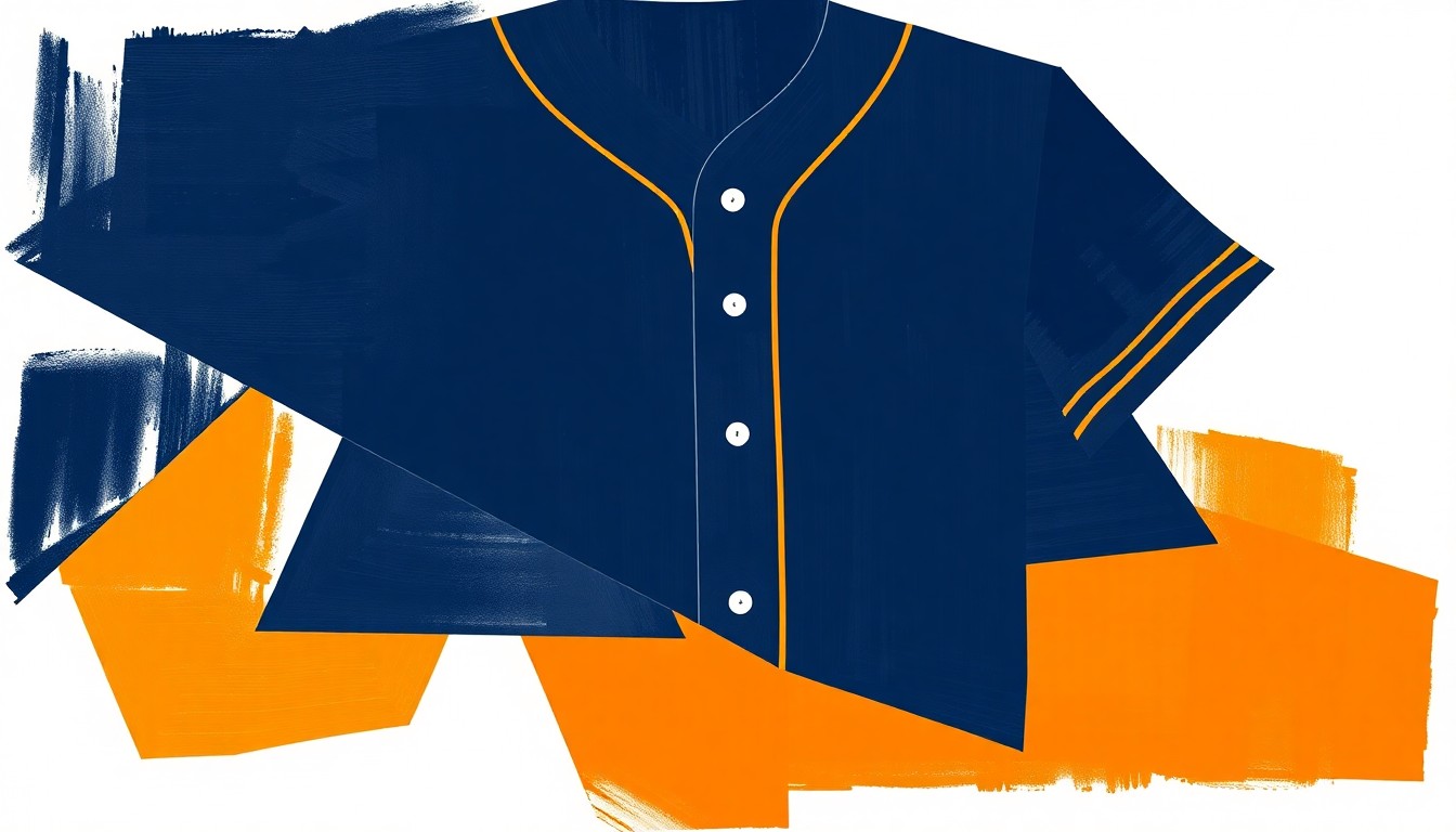 A cubist-style painting featuring sharp, overlapping geometric shapes in navy blue, tan, and orange, representing the new Milwaukee Brewers City Connect uniform design.