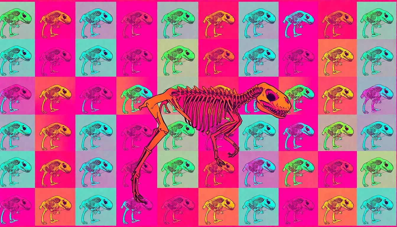 A bold, vibrant silkscreen print featuring a repeated image of a museum exhibit or art piece in a grid pattern, using a neon color palette and heavy black outlines to create a modern pop art style illustration.