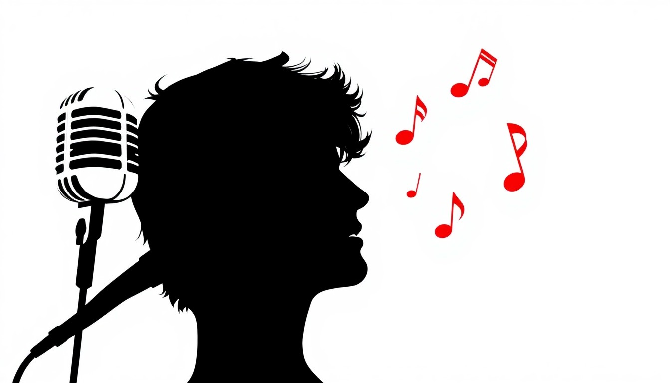 A stark, minimalist illustration featuring a stylized silhouette of a man's head in profile, with a microphone and musical notes floating around it, all rendered in high-contrast black, white, and red to evoke the creative energy of the 1960s music scene.