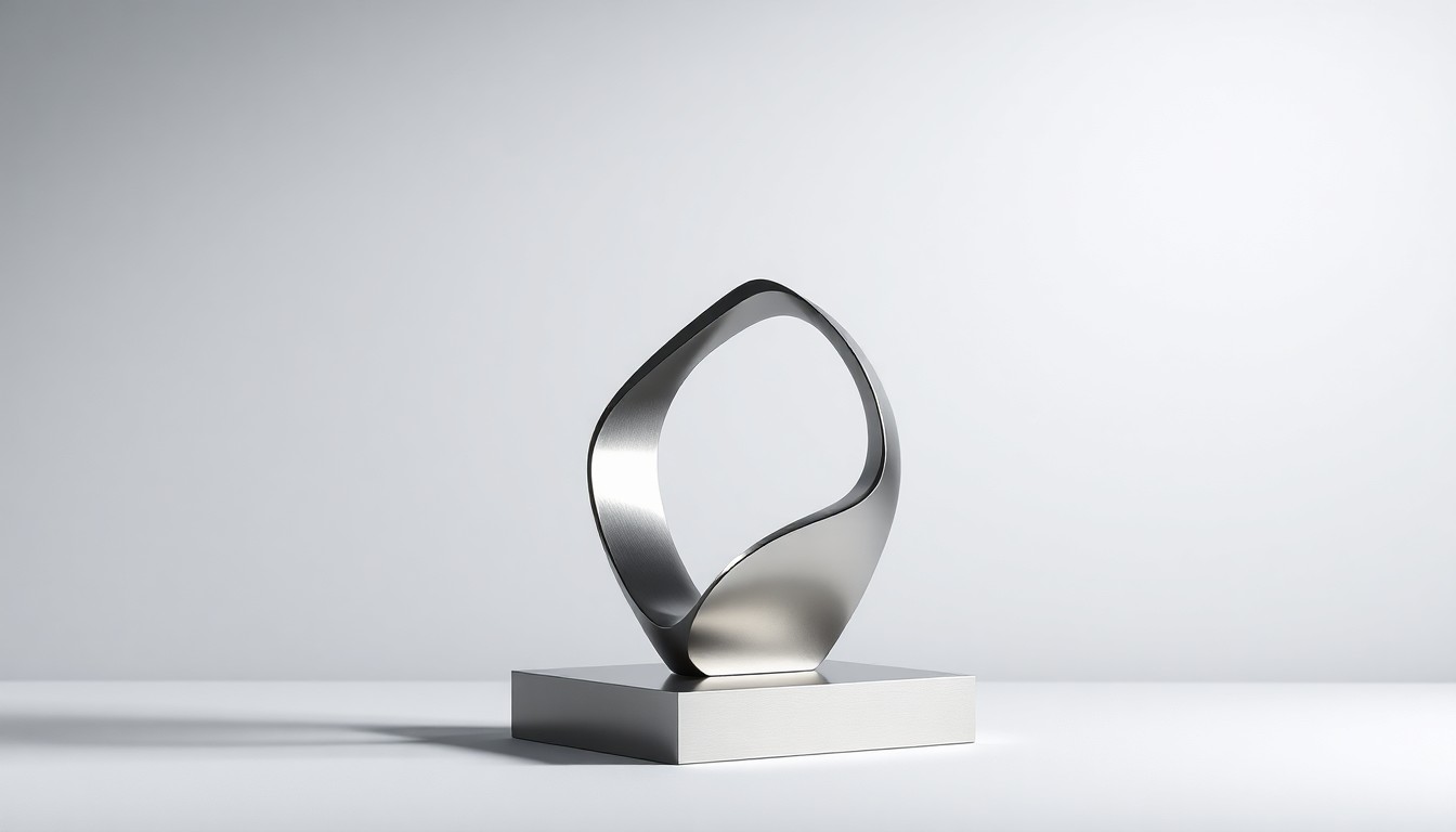 A minimalist, photorealistic studio still-life photograph featuring a polished, geometric sculpture made of brushed stainless steel, representing the merger and acquisition of Whitestone REIT by Ares Management.