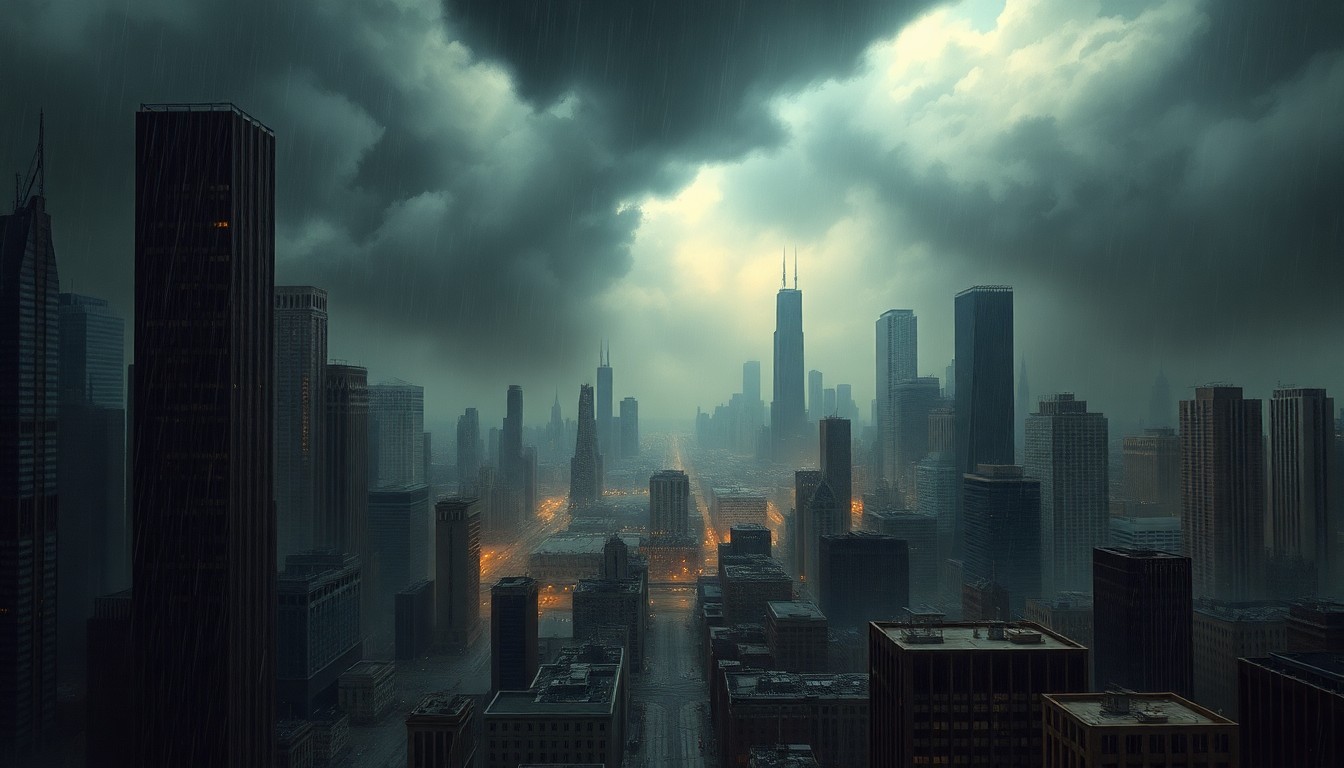 A vast, atmospheric landscape painting depicting the Chicago skyline shrouded in a dramatic storm, with heavy rain and gusty winds dominating the scene and dwarfing the city's buildings.