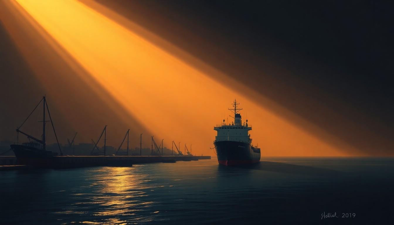 A serene, photorealistic painting of a lone cargo ship docked in a Middle Eastern port, with the ship's hull and rigging casting long shadows across the dock under warm, angled sunlight, conveying a sense of quiet unease and uncertainty about the future.