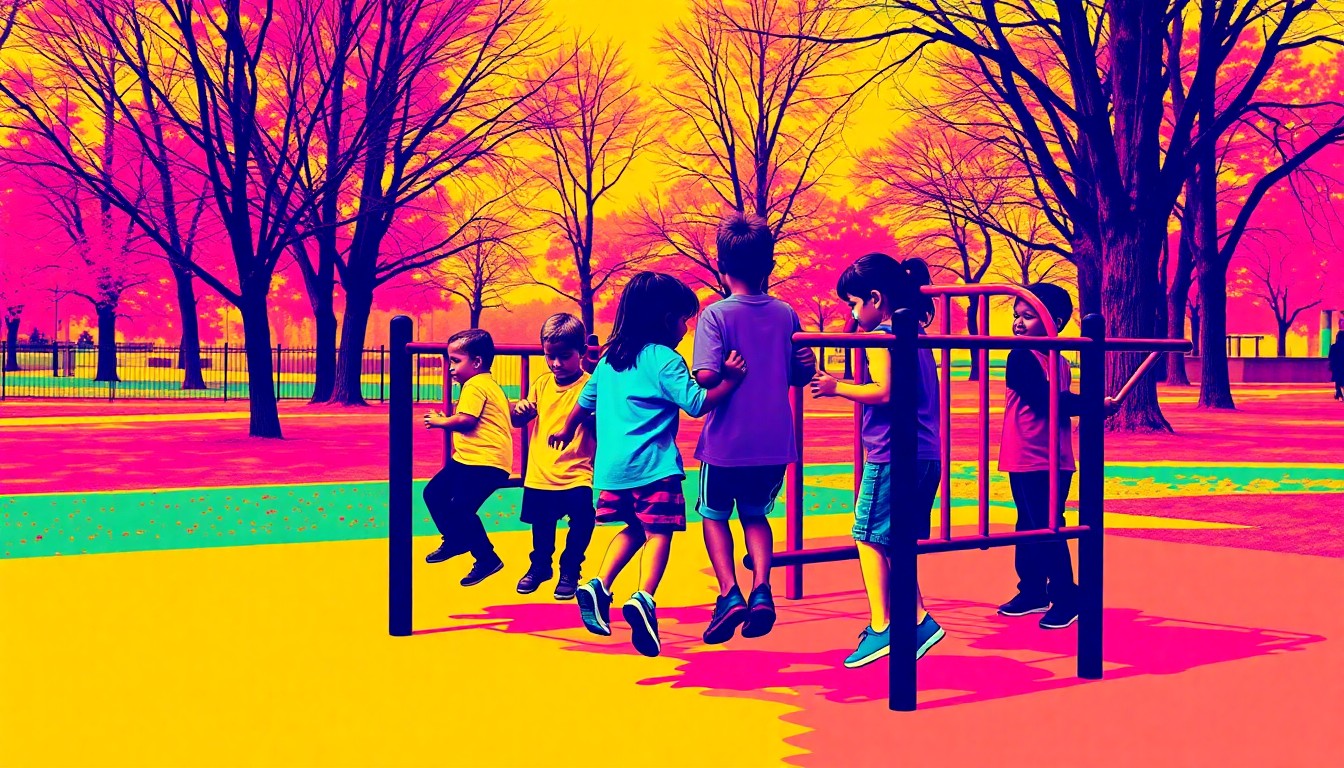 A brightly colored, high-contrast silkscreen print of children playing on a jungle gym in a park, repeated in a tight grid pattern with flat, vibrant neon colors and heavy black outlines, conceptually representing the energy and creativity of Gatton Park's spring break programming.