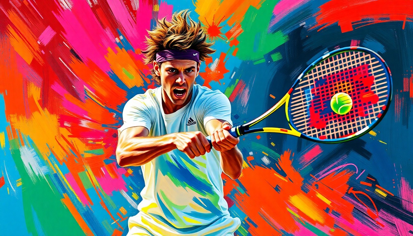 An abstract expressionist painting in vibrant neon colors, with rapid brushstrokes capturing the dynamic motion and energy of a tennis player in the midst of a powerful shot. The scene is a conceptual representation of Jannik Sinner's victory over Tomas Machac at the Monte-Carlo Masters.
