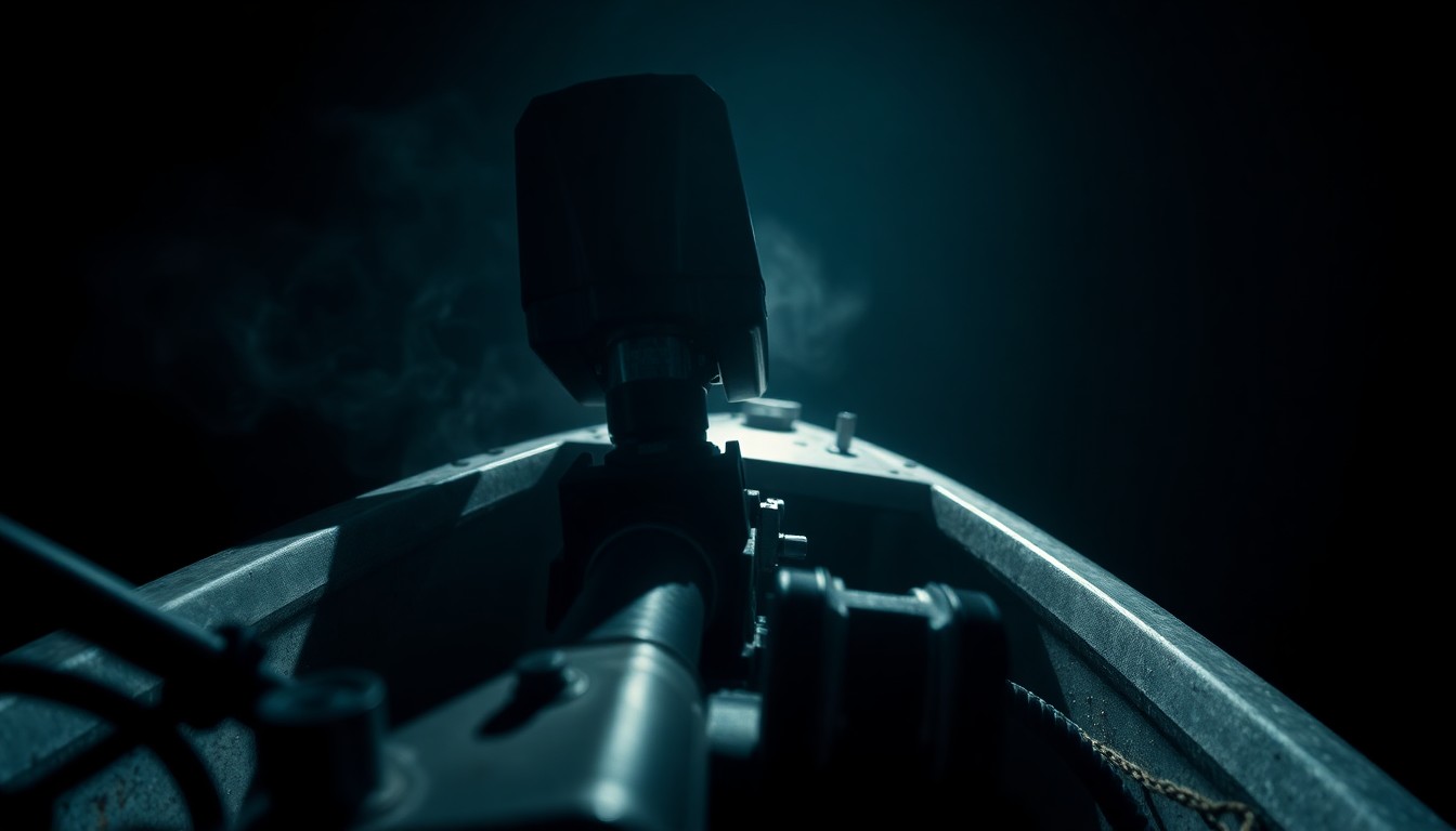 An extreme close-up photograph of a damaged nautical engine or equipment, lit by a harsh, direct camera flash against a pitch-black background, conceptually representing the investigation into a mysterious boating incident.
