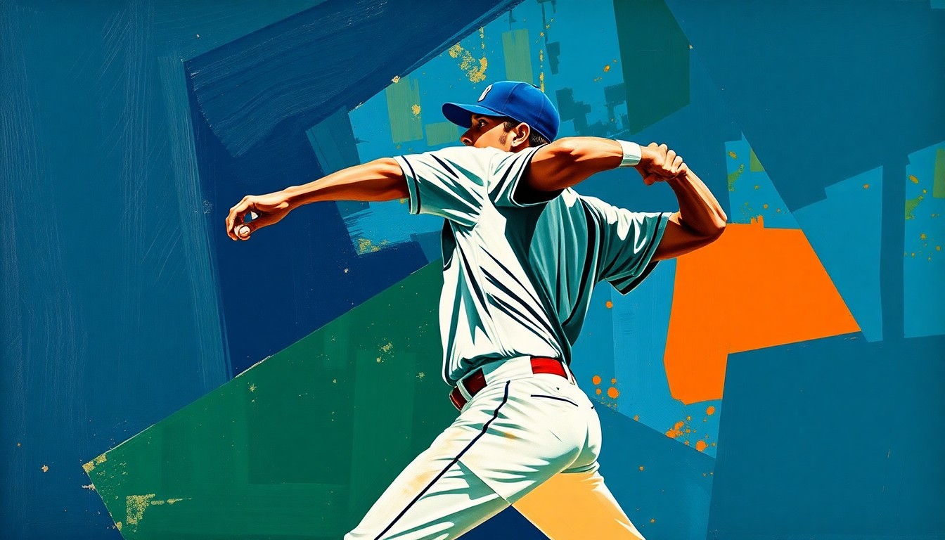 A cubist-style painting depicting a baseball pitcher's throwing motion broken down into sharp, overlapping geometric shapes in navy, green, and orange tones, conveying the complex physical stresses on a pitcher's arm.