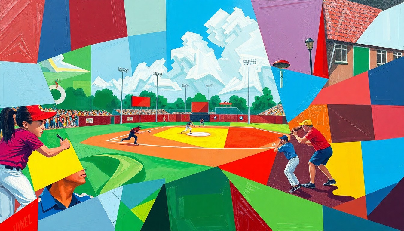 A fragmented, cubist-style painting depicting a softball game, with the players and field broken down into sharp, overlapping geometric shapes in a vibrant color palette.