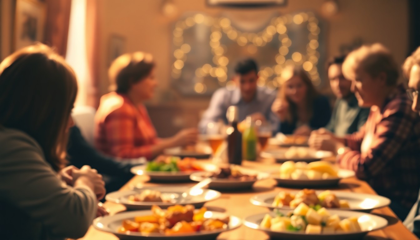 An extremely abstracted, out-of-focus photograph of a community meal, with blurred figures seated around a table and plates of food in the foreground, all bathed in a warm, golden glow, conceptually representing the welcoming and inclusive atmosphere of the event.